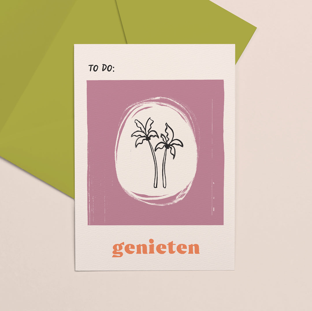 Wenskaart met palmboom en tekst genieten