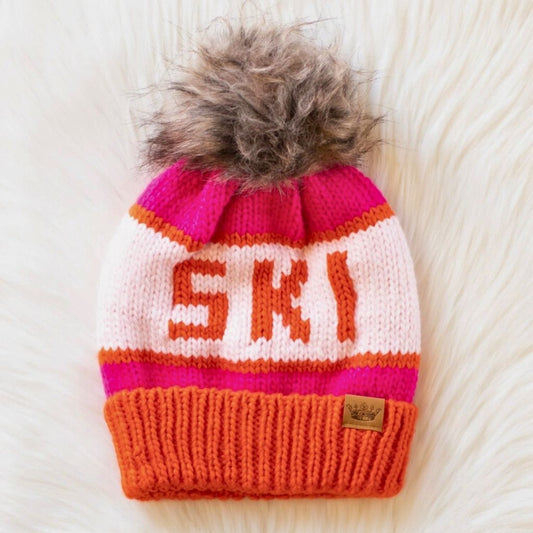 Skimuts roze met rood en pompon
